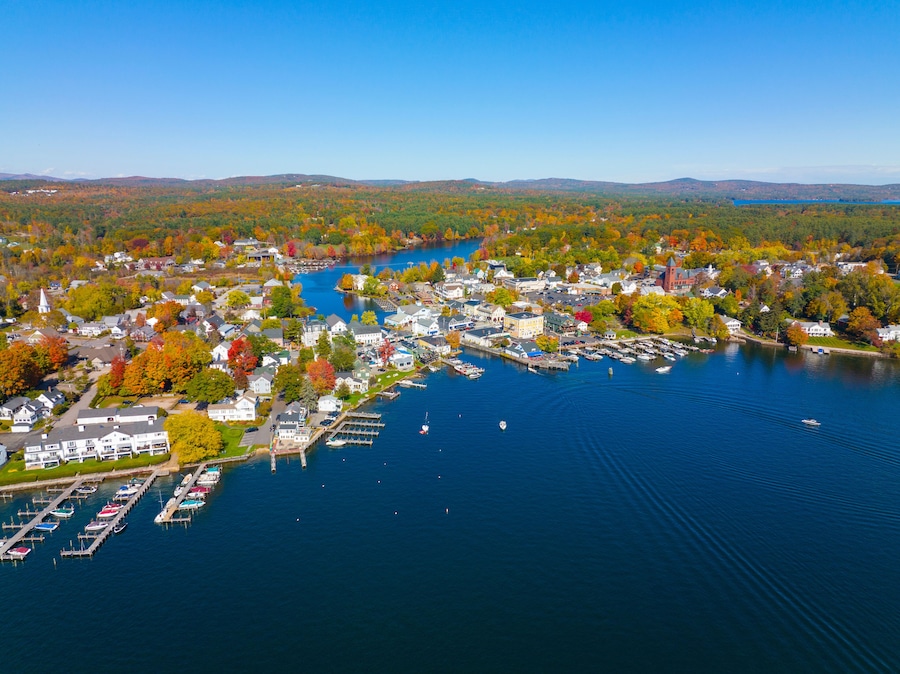 Wolfeboro historic town center at Lake Winnipesaukee aerial view in fall on Main Street, town of Wolfeboro, New Hampshire NH, USA.