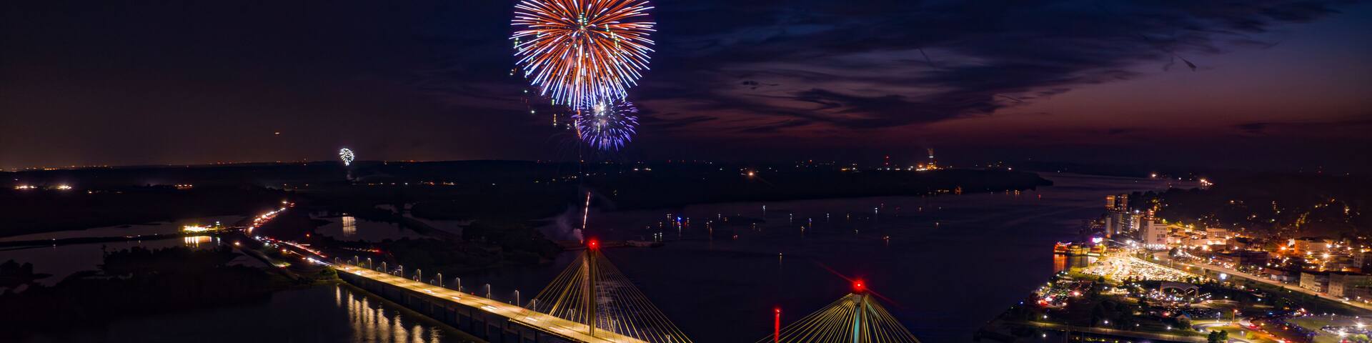 JULY 3, ALTON, IL., USA - July 3 fireworks over Clark Bridge in Alton, Illinois overlooking Mississippi River
