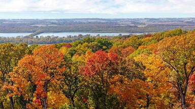 Scenic overlook view of colorful Autumn foliage and the Mississippi River from Pere Marquette State Park in Grafton, Illinois