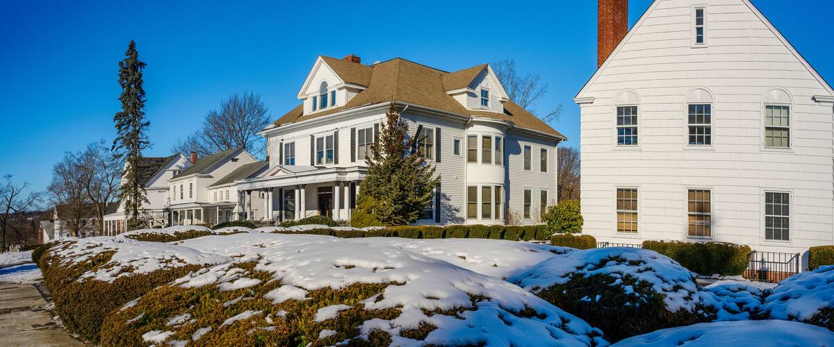 A snow-covered residential area with large white houses and a tall evergreen tree.