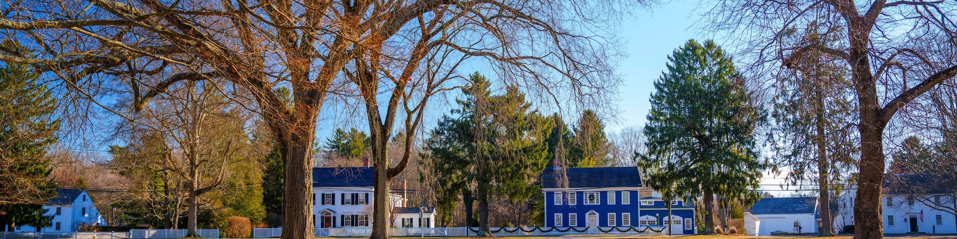 Madison Green Historic District with Landmark Buildings and Architecture in Madison Downtown, Connecticut, USA