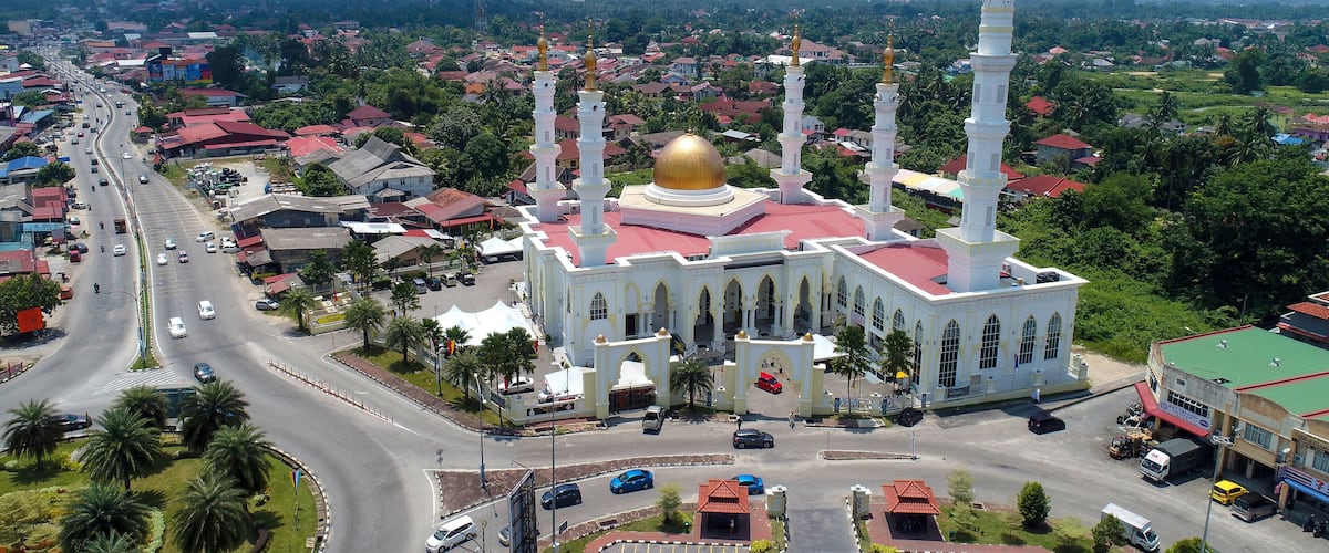 A large mosque with a golden dome and multiple minarets, surrounded by a residential area with red-roofed houses.