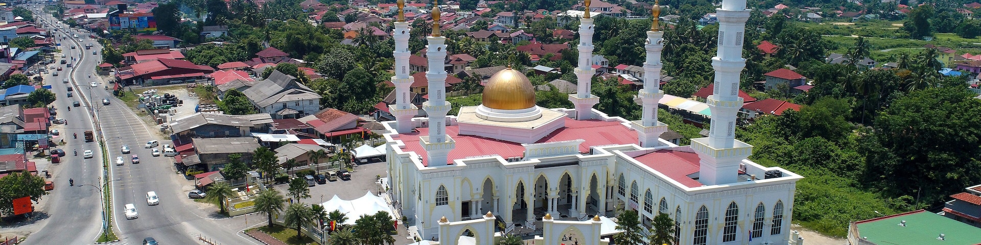 A large mosque with a golden dome and multiple minarets, surrounded by a residential area with red-roofed houses.