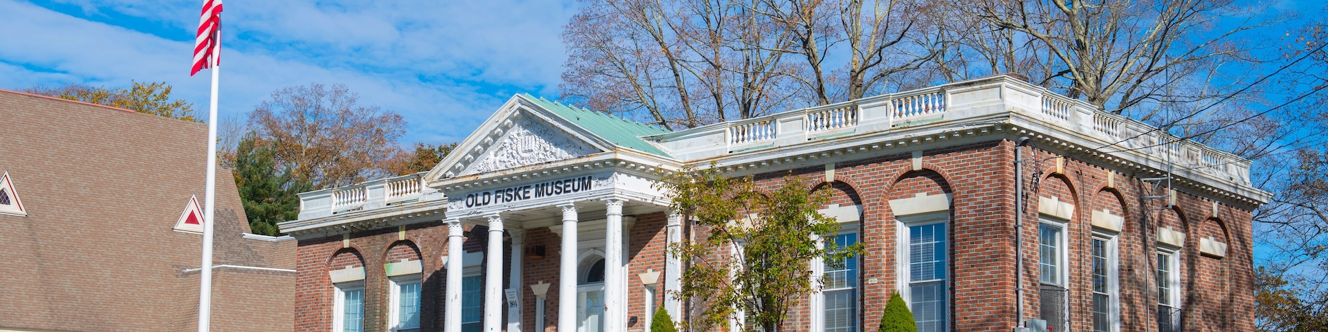 Old Fiske Museum at Town Common in historic town center of Wrentham, Massachusetts MA, USA. This building was Fiske Library before becoming a museum.
