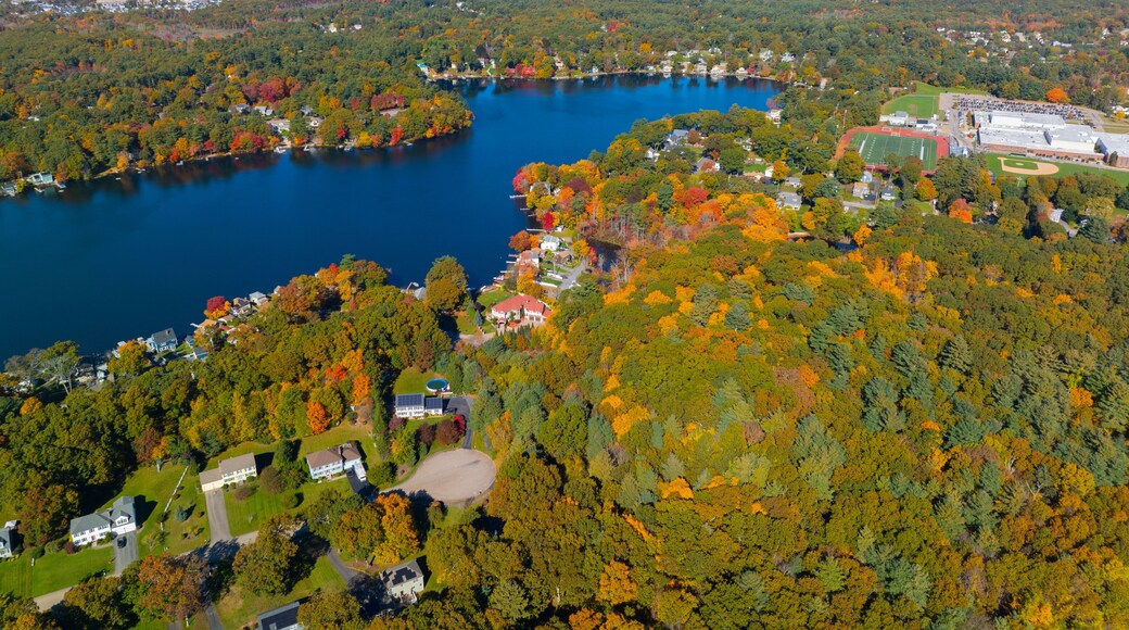 Lake Archer and Lake Pearl aerial view in fall near the historic town center of Wrentham, Massachusetts MA, USA.