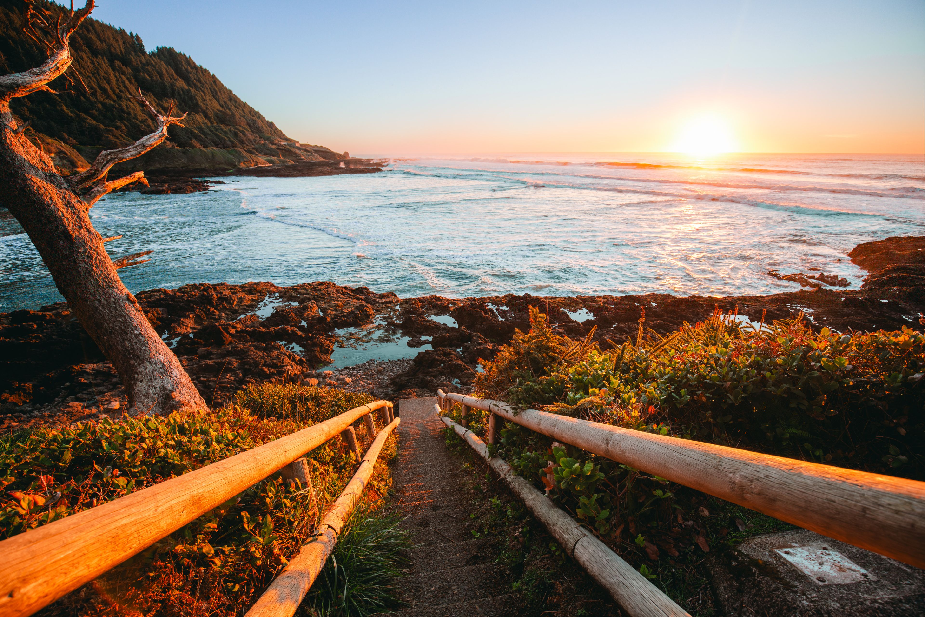 A coastal path leading to the ocean with a sunset in the background.