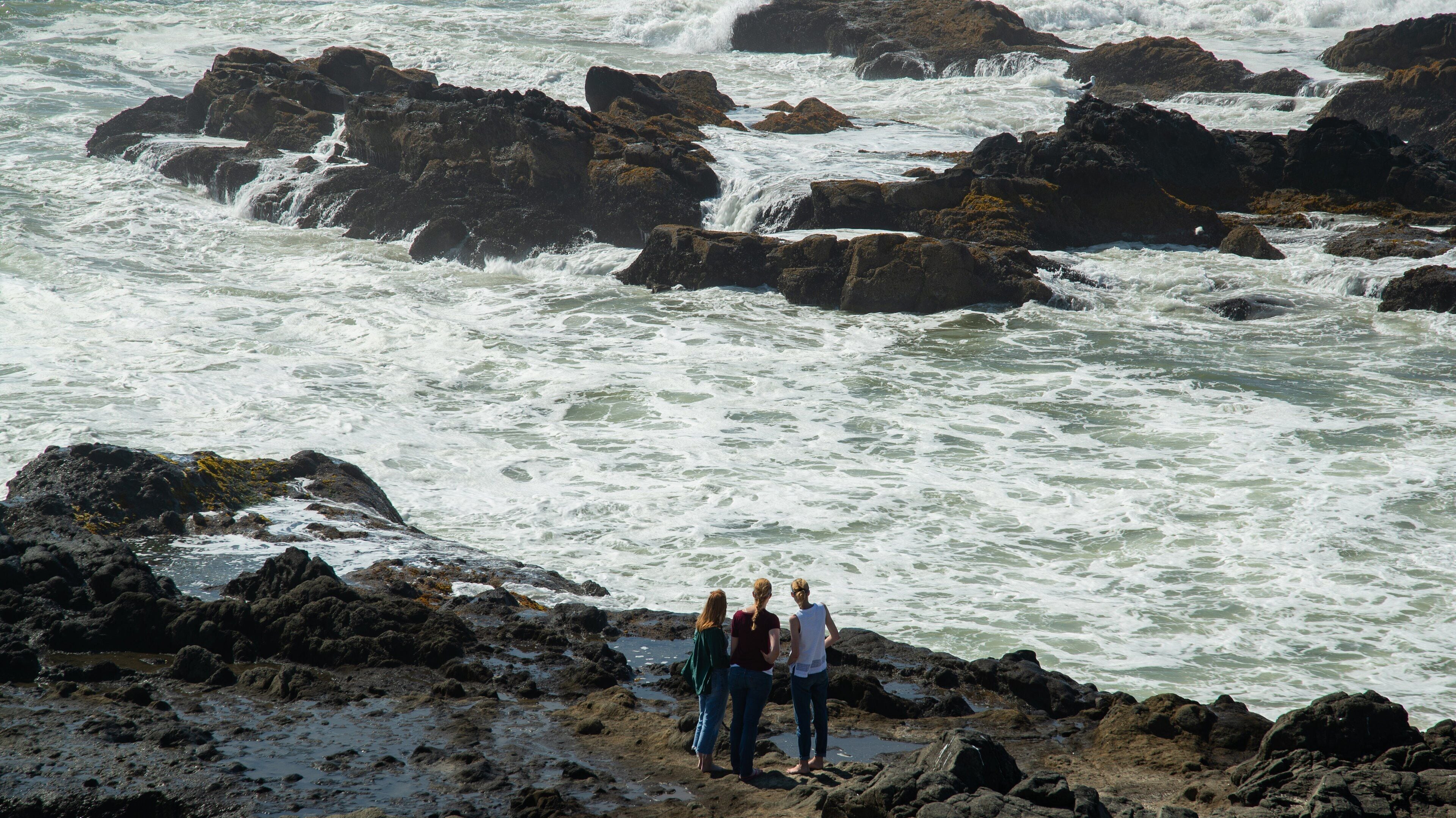 A rocky shoreline with turbulent waves.