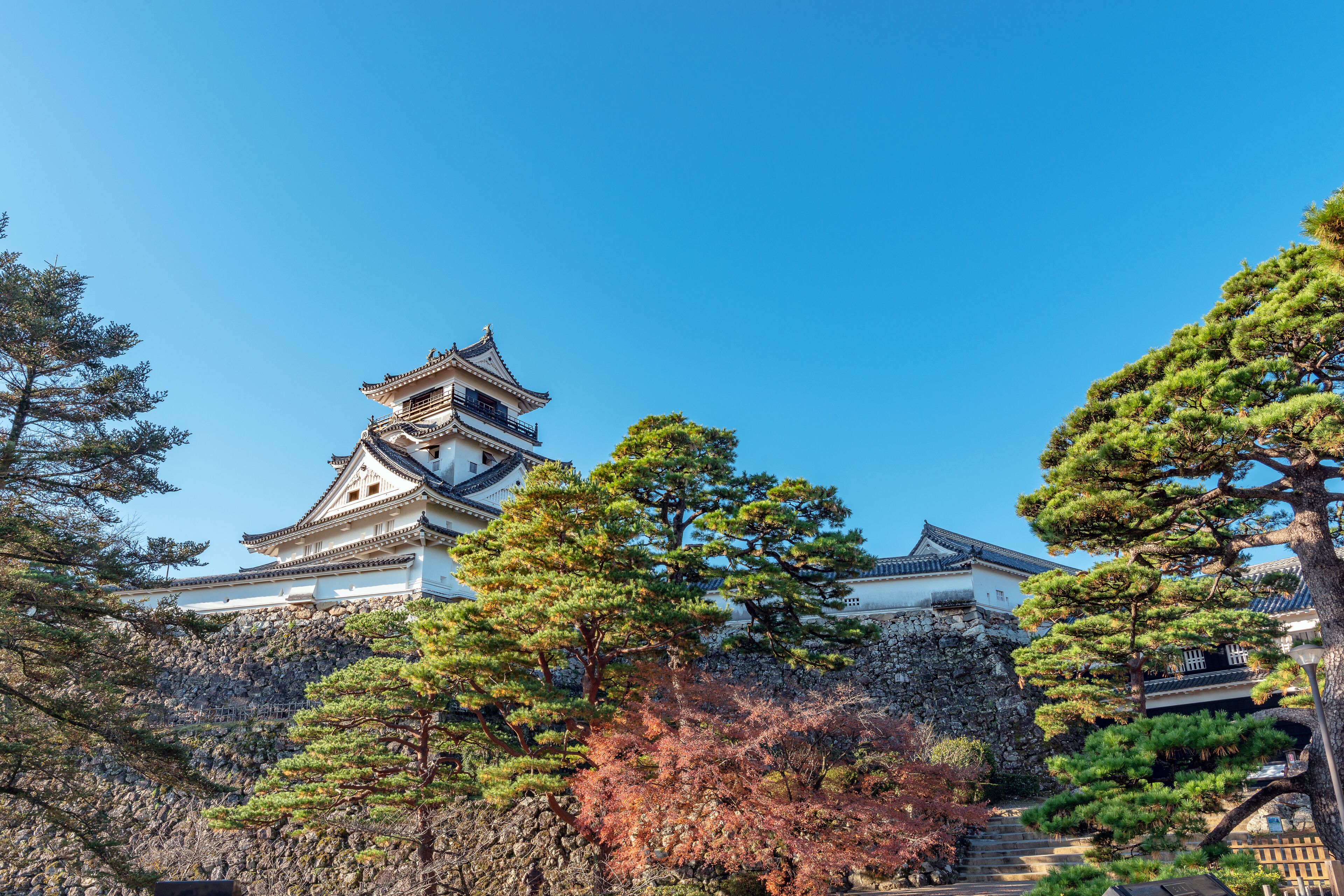 A traditional Japanese castle with a multi-tiered roof, surrounded by lush greenery and trees.