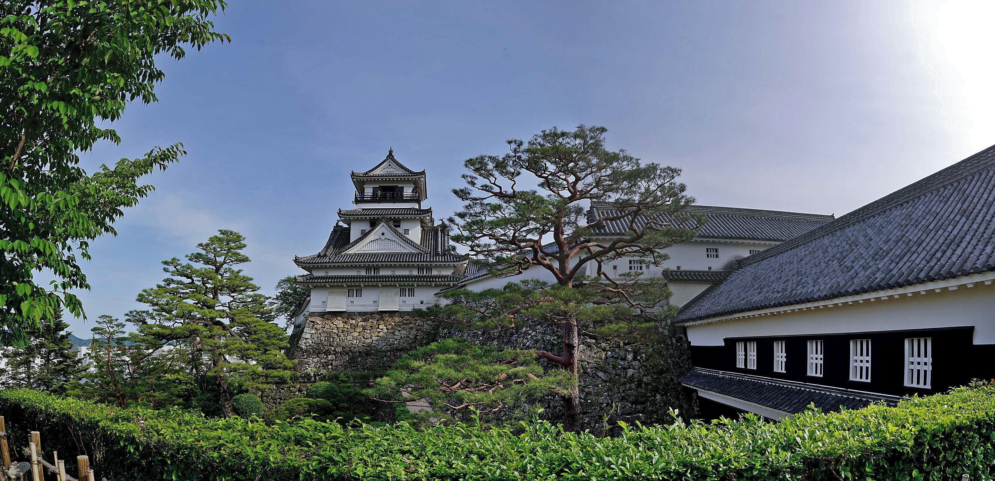 A traditional Japanese castle with a prominent tower, surrounded by lush greenery and stone walls.