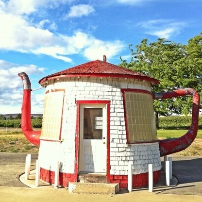 A novelty gas station built in 1922 along US Route 12. No longer operational, the pumps proudly display their last sale (1.87/gal). The station was hand-built by a local businessman as a contemporary jab at the Teapot Dome Scandal, in which Secretary of the Interior Albert Fall illegally leased oilfields in Teapot Dome, WY and Elk Hills, CA to private companies. Fall was found guilty of bribery, fined $100,000 and sent to prison.
Plans to restore and relocate the teapot to a park in downtown Zillah are underway.