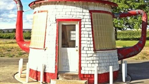 A novelty gas station built in 1922 along US Route 12. No longer operational, the pumps proudly display their last sale (1.87/gal). The station was hand-built by a local businessman as a contemporary jab at the Teapot Dome Scandal, in which Secretary of the Interior Albert Fall illegally leased oilfields in Teapot Dome, WY and Elk Hills, CA to private companies. Fall was found guilty of bribery, fined $100,000 and sent to prison.
Plans to restore and relocate the teapot to a park in downtown Zillah are underway.