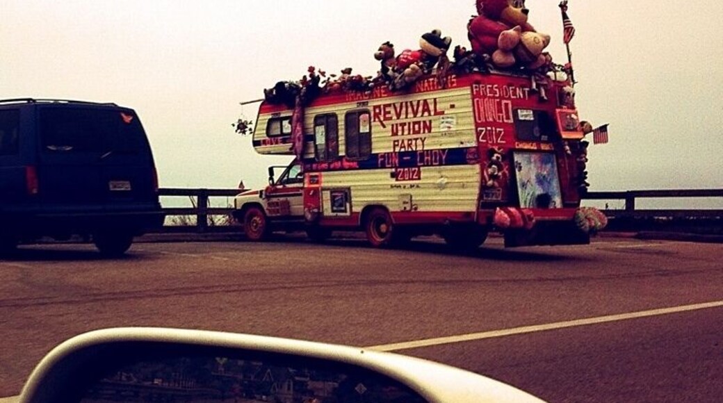 Two awesome things to point out in this photo: the crazy camper in front with all the stuffed animals and things on it, and the Lamborghini behind me.