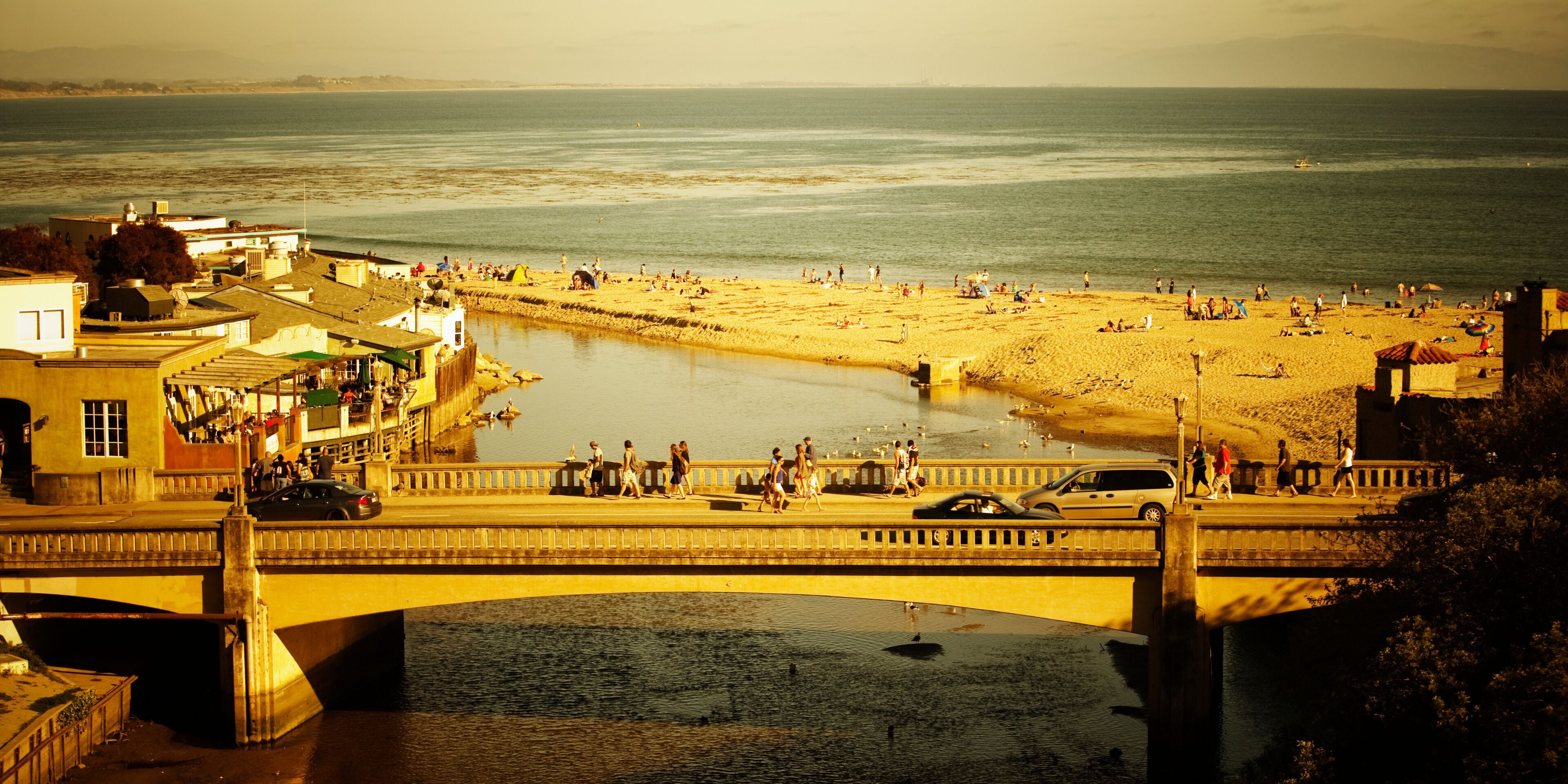 A bridge over Soquel Creek with the beach at Capitola.
