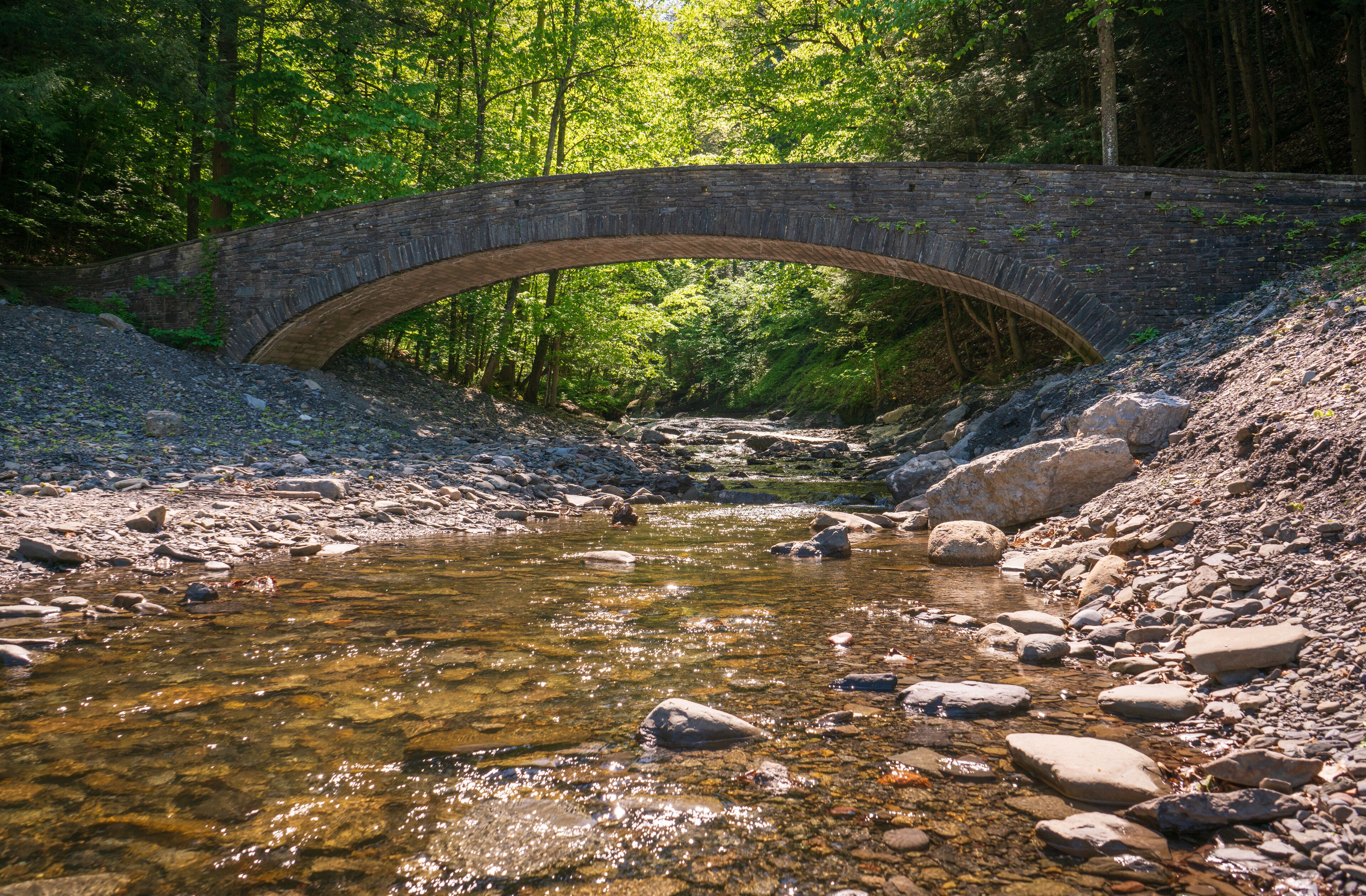 A stone bridge over a clear stream surrounded by trees.