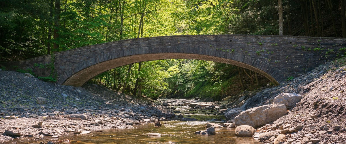 A stone bridge over a clear stream surrounded by trees.
