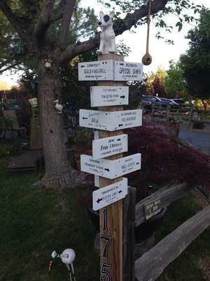 A signpost pointing to nearby tasty eateries!