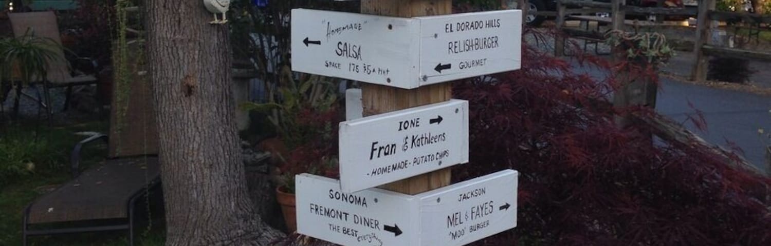 A signpost pointing to nearby tasty eateries!