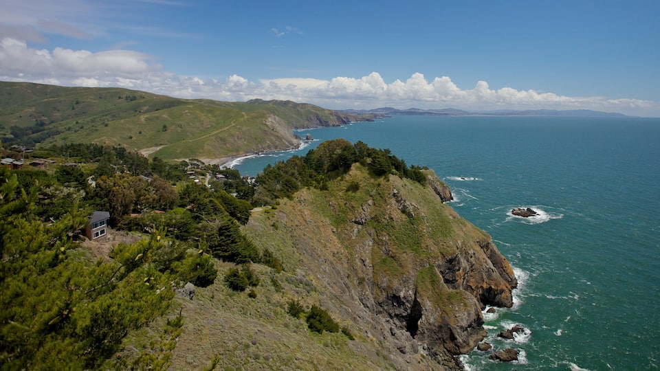 A coastal landscape with green hills, a beach, and rocky cliffs.
