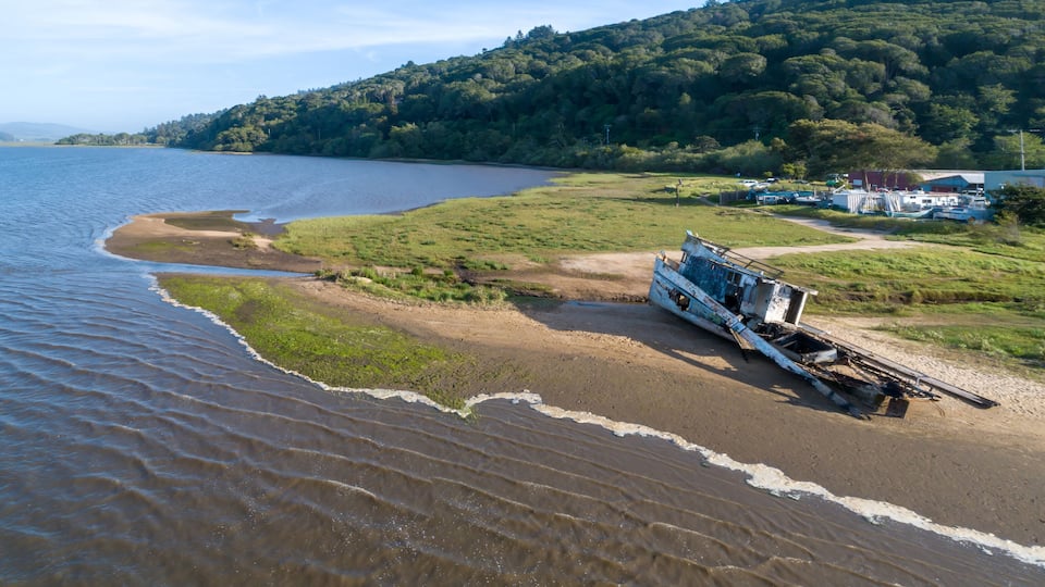 A coastal landscape with a boat on a sandy beach, a forested hill in the background, and a clear sky.