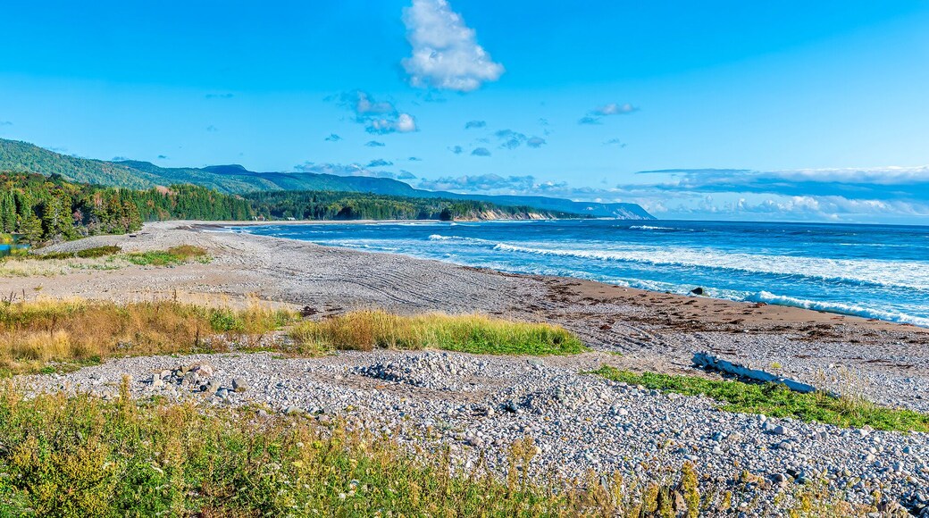 A panorama view along the shoreline at the Little River on the Cabot Trail, Nova Scotia, Canada in the fall