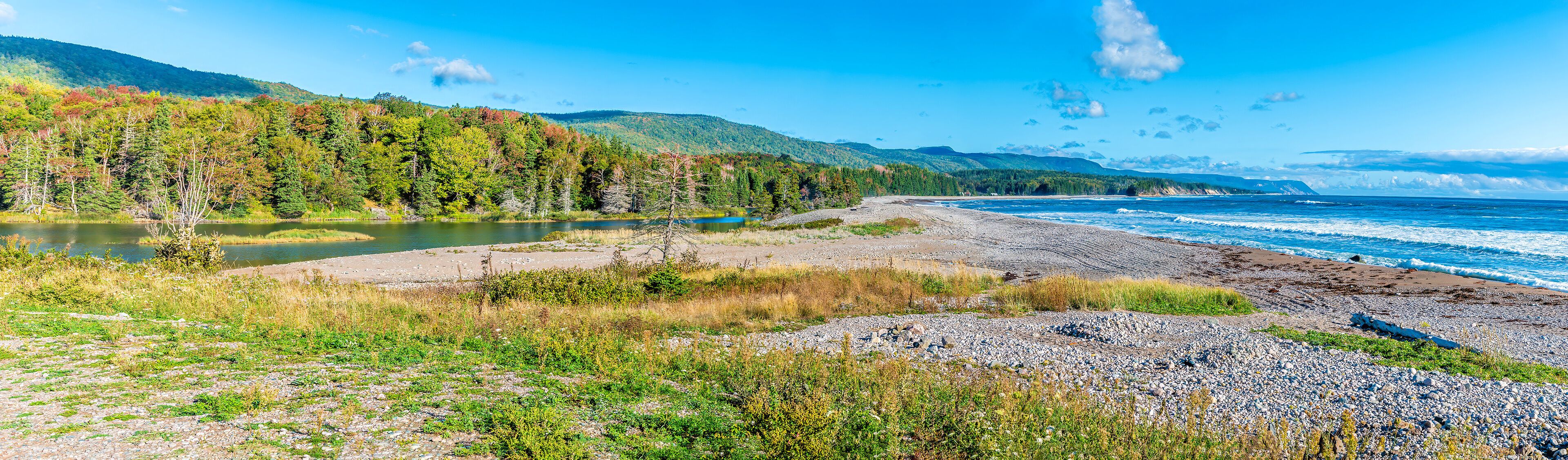 A coastal landscape with a rocky beach, a calm lake, and a forested hillside.