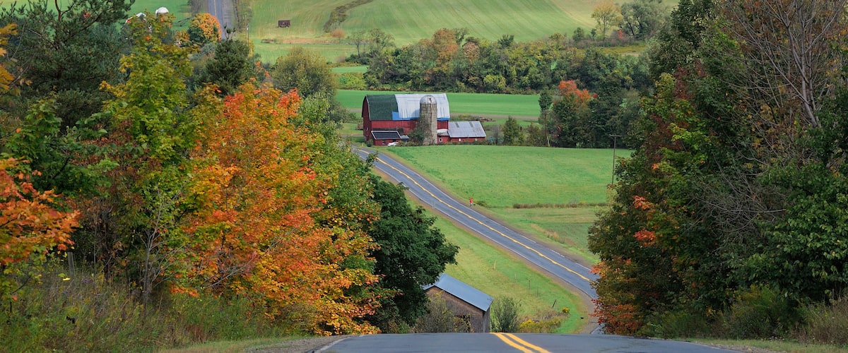 A rural landscape with rolling hills, a winding road, and a barn.