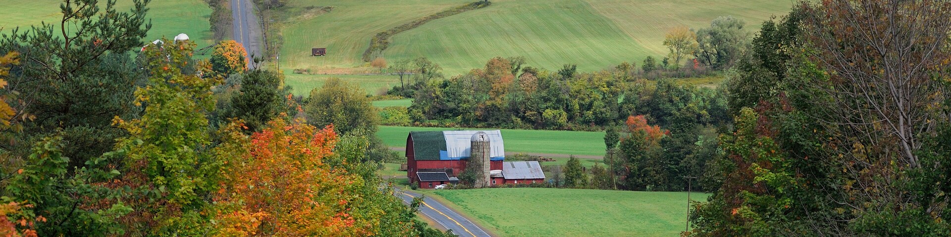 A rural landscape with rolling hills, a winding road, and a barn.