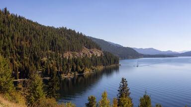 Panoramic View of Christina Lake during a sunny fall season day. West Kootenay, British Columbia, Canada.