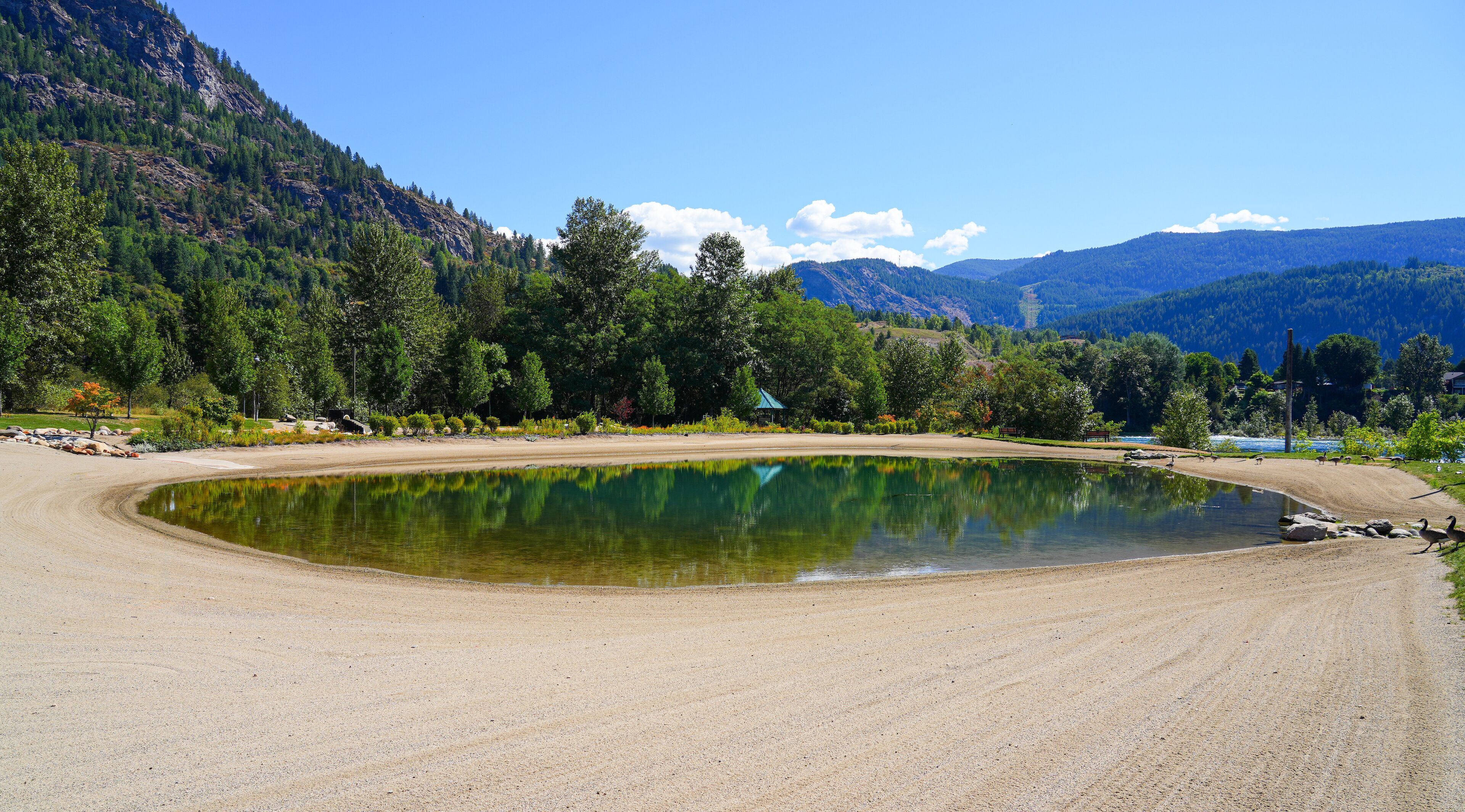 Millennium Park natural swimming ponds by the Columbia River in Castlegar in the West Kootenay region of British Columbia, Canada