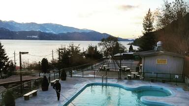 Ainsworth Hot Springs resort is the second highest rated hot springs in British Columbia. It is also one of the rare hot springs in BC that contain natural lithium in the water.
The hot caves will have you feeling relaxed like a marshmallow.
As there isn't much in the area, there is an on-site restaurant with gourmet and regular good options at very reasonable prices.
The service at the hotel is excellent and the rooms are very clean and bright. Spending the extra money for a deluxe mountain view room is well worth it. Waking up to a sunset or watching the moon rise over the mountains is just amazing.
The hot caves fills itself up with new water 6 times a day while the pool fills up 4 times.
The best time to go is during the off season and on week days since weekends here can get nuts.
The hot springs is open to the public at a rate of $12 per person and opens at 10AM. From 8:30AM to 10AM is for hotel guests only.
If your staying as a guest there is no fee to use the springs as it's included in the cost of your room.