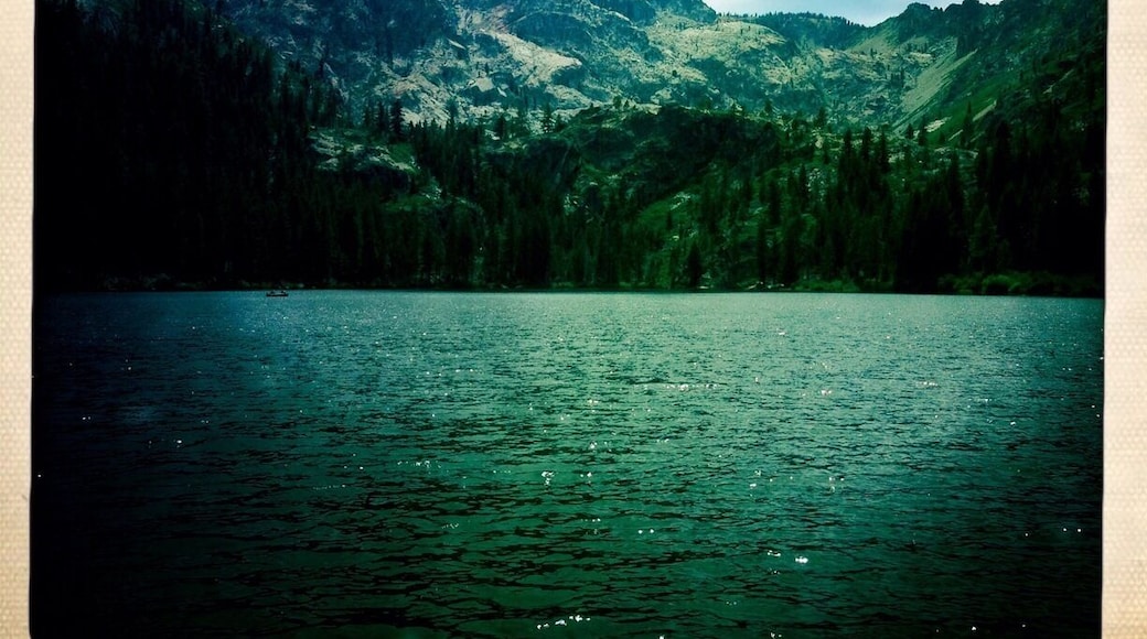 Cool Hipstamatic shot of the Sierra Buttes from the dock at the Sardine Lake Resort.