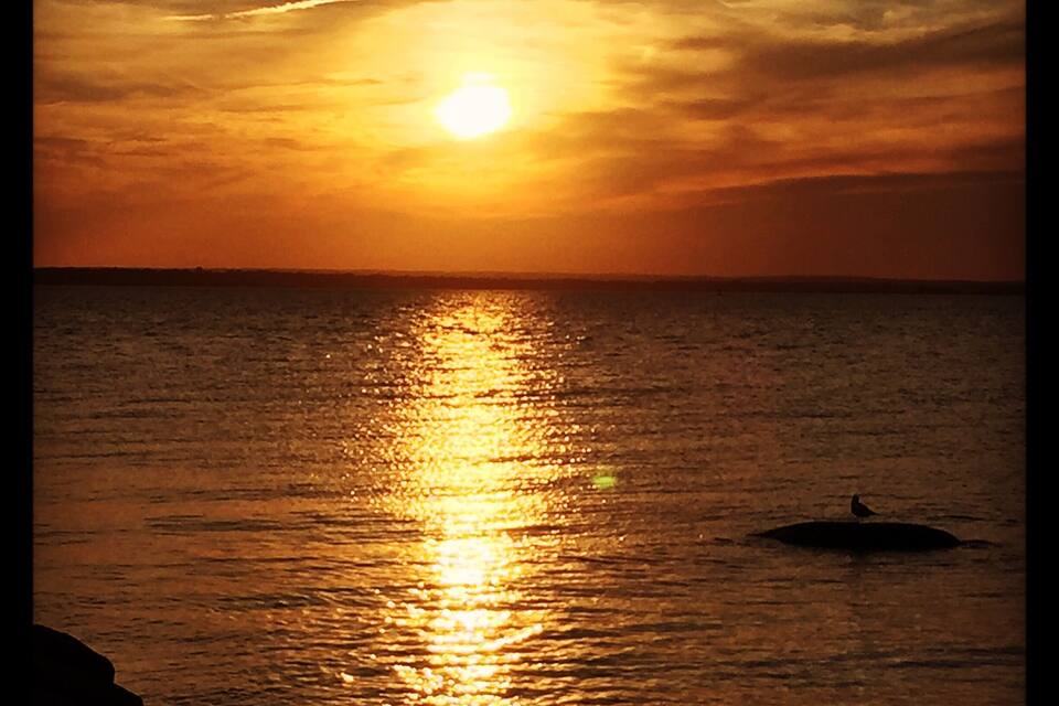 A sunset over the ocean with a bird on a rock and a boat in the water.