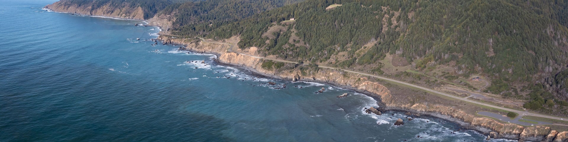 A coastal landscape with a road along the cliffside, rocky shoreline, and dense forested hills.