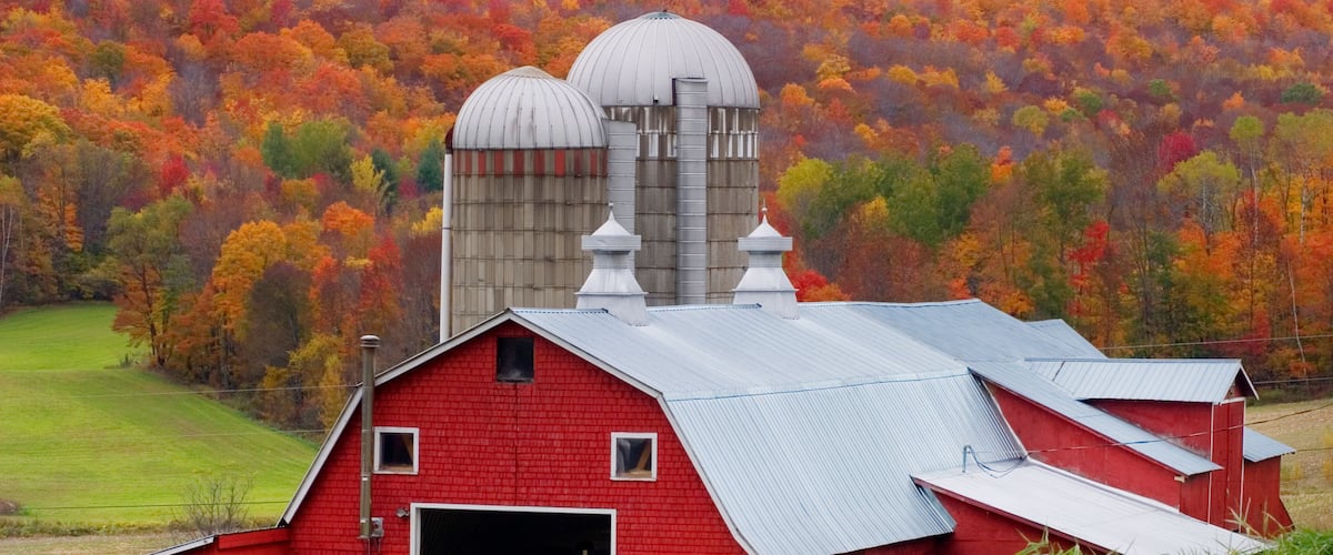 A red barn with a metal roof, surrounded by lush green fields and a backdrop of autumn-colored trees.