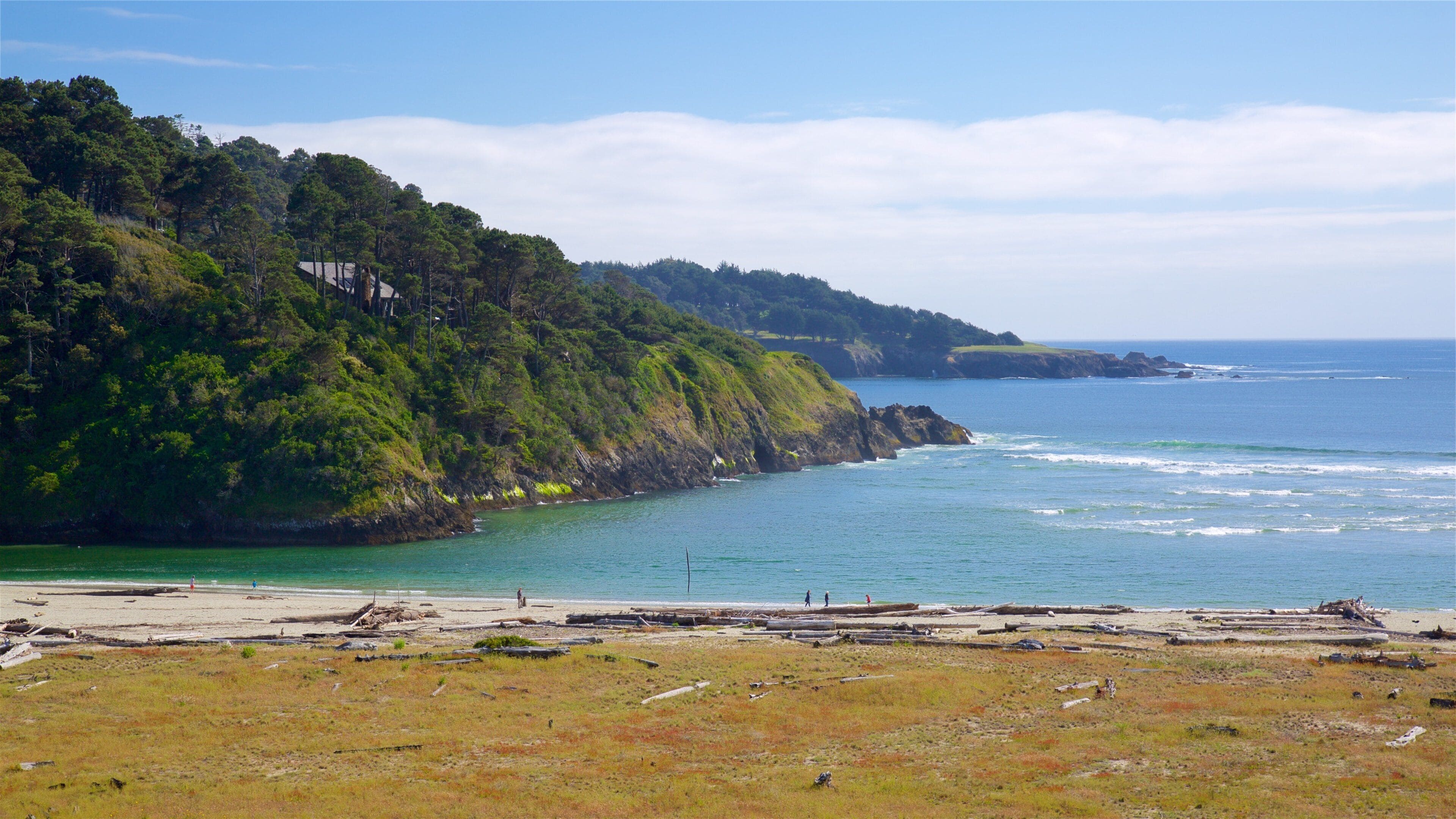 A coastal landscape with a beach, rocky cliffs, and a clear sky.