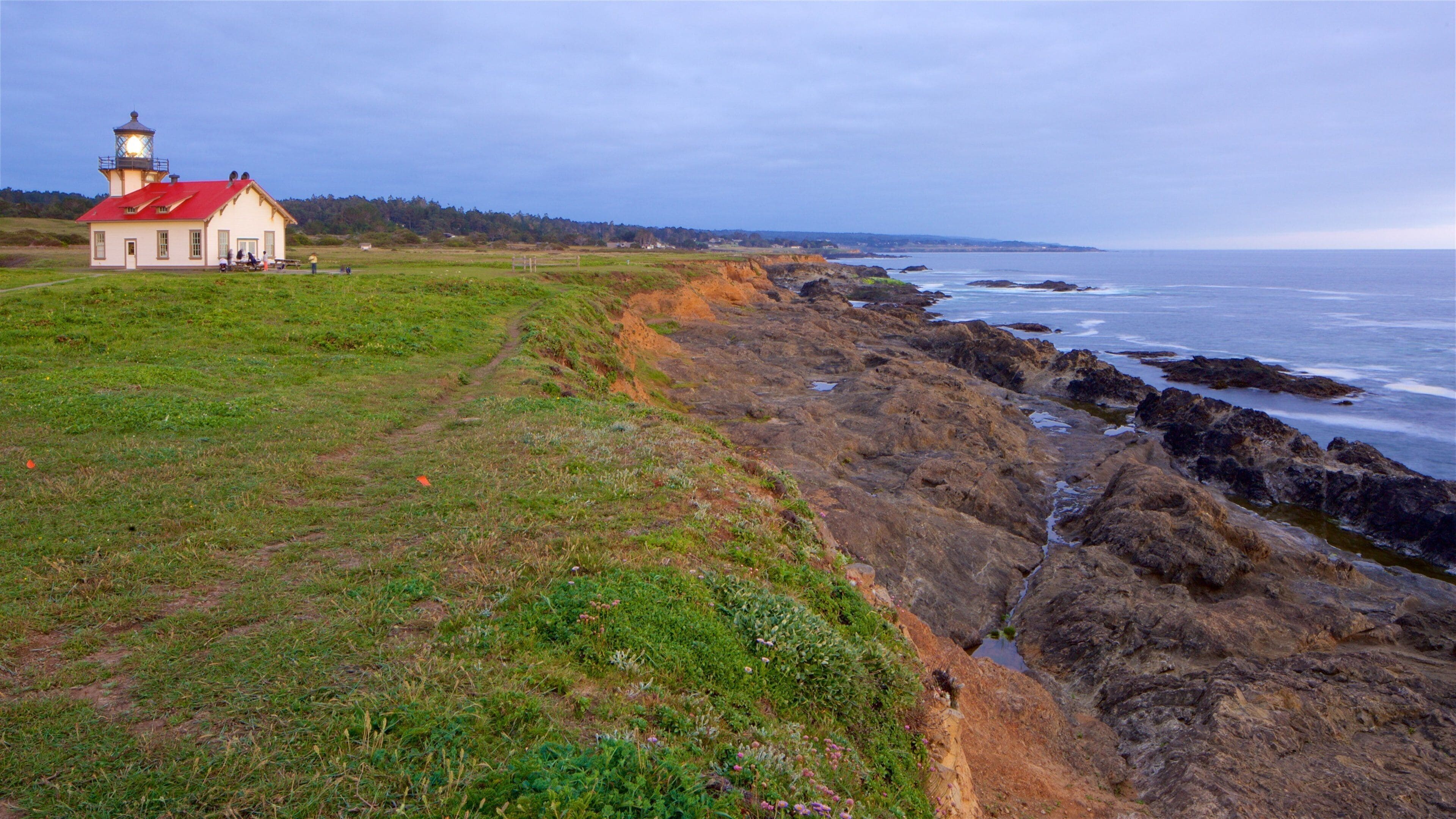 Mendocino showing general coastal views, rocky coastline and a lighthouse