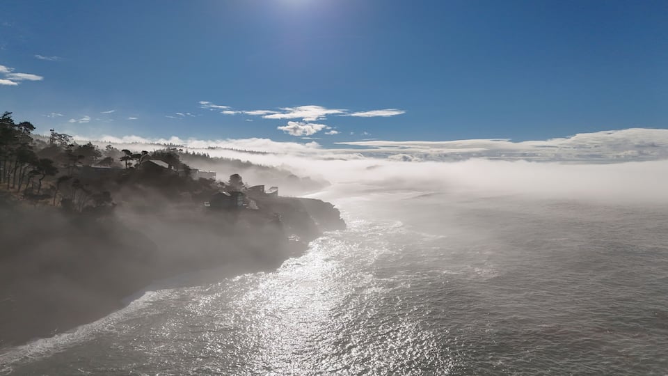 A coastal landscape with a rocky shoreline, a forested cliff, and a mist-covered sea under a clear sky.