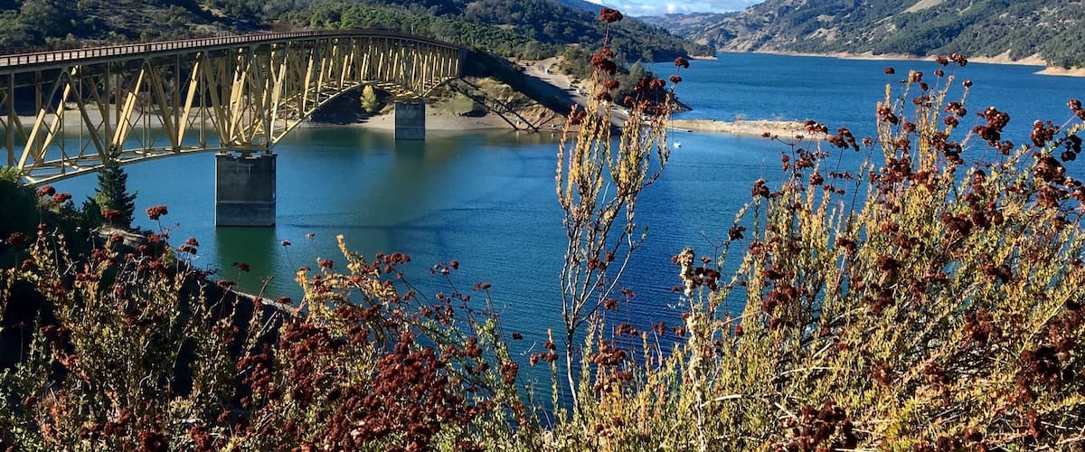 Pretty, clear day at Lake Sonoma. 
This is a man made reservoir in the middle of Sonoma wine country. An old town complete with a hot springs resort was flooded during the process of creating it.  Coho Salmon and Steelhead Trout are bred at the fishery here. 
#Bridges
#Blue #California #Water