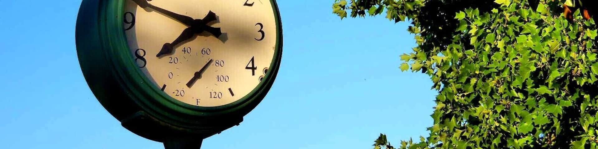 A clock with 'GLOVERDALE CALIFORNIA' on its top, surrounded by green foliage.