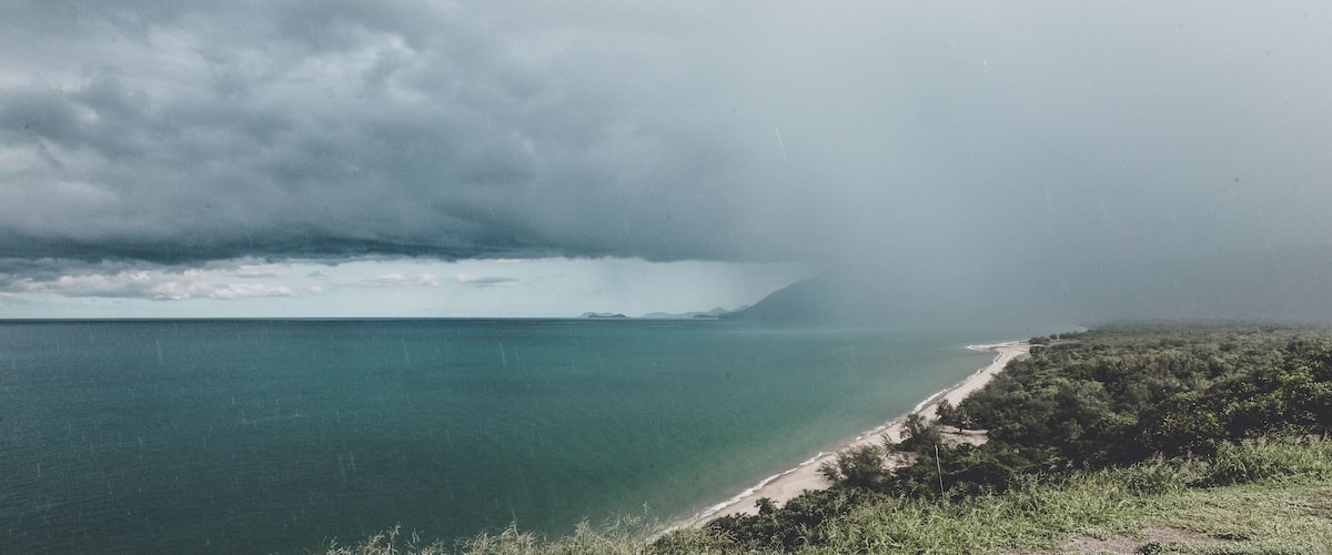 A coastal landscape with a beach, dense vegetation, and a stormy sky.