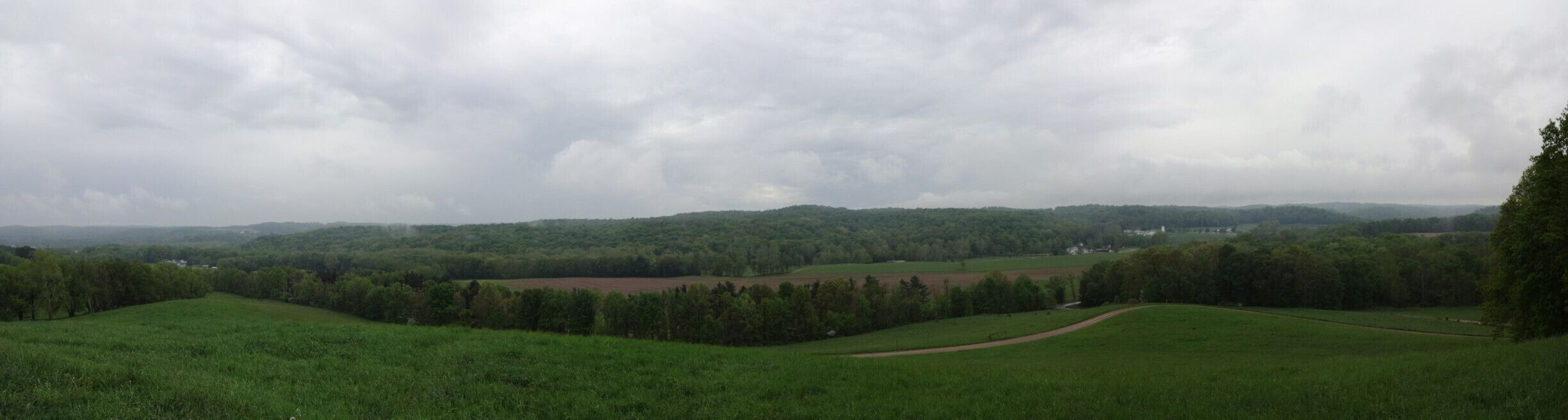 A lush green landscape with rolling hills, a winding path, and a distant village.