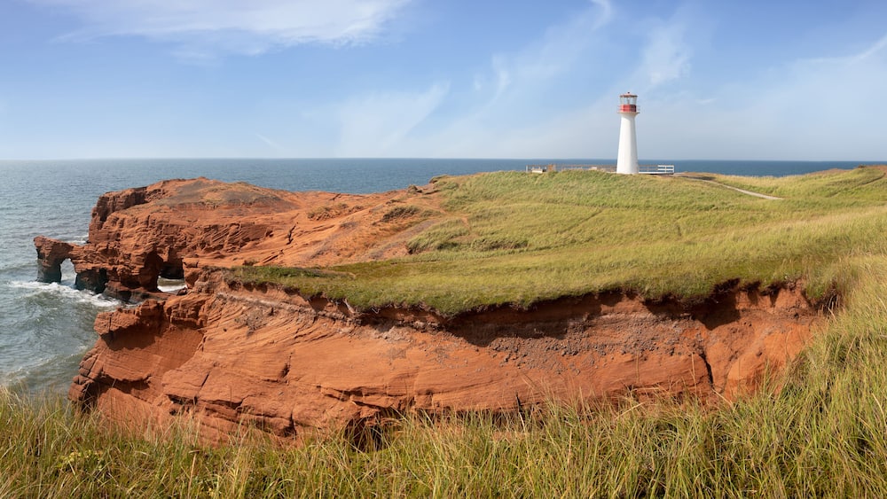 Panarama of the Borgot lighthouse of Cap aux Meules, Magdalen Islands, Canada