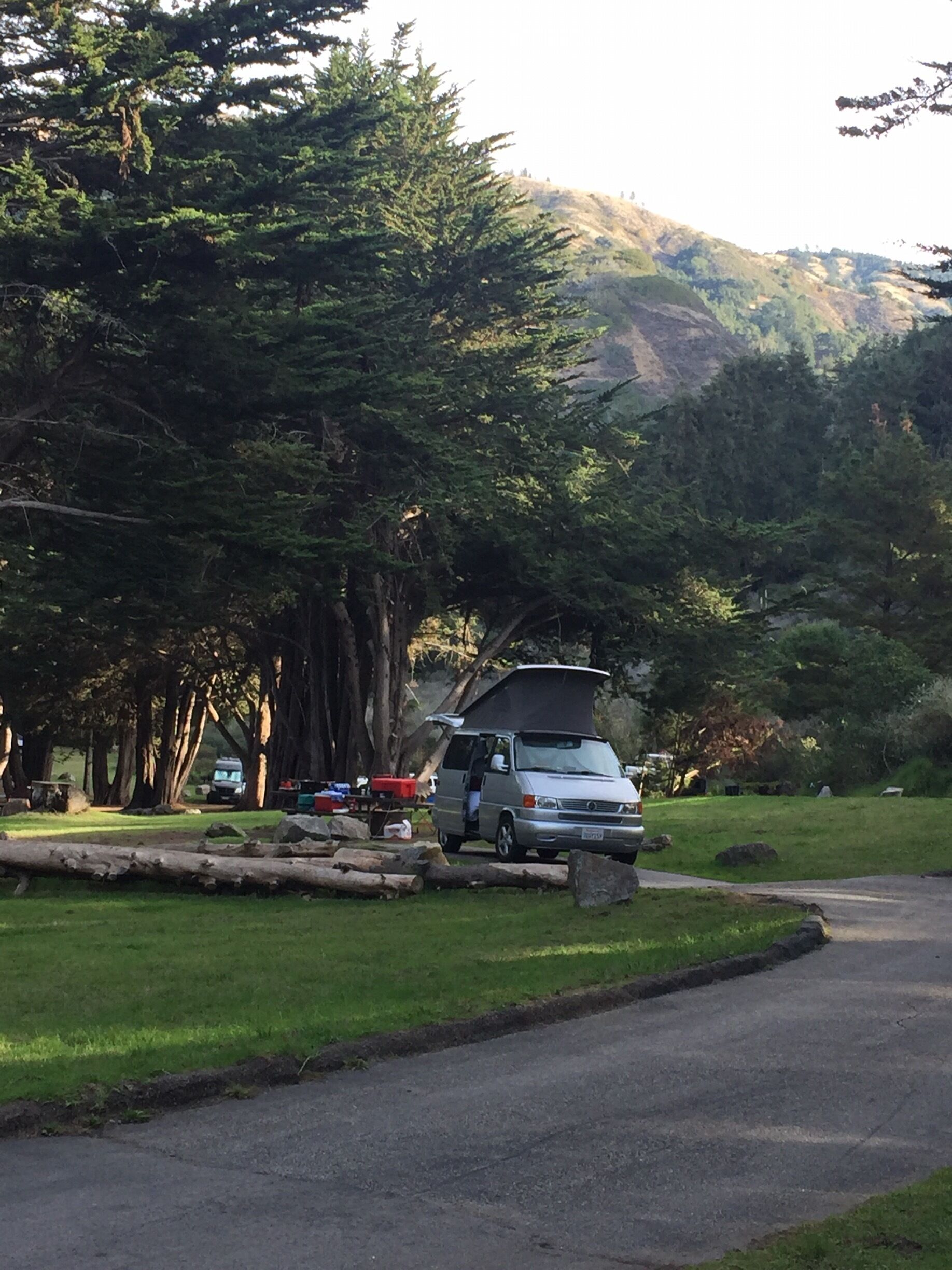 Just discovered my new fav campground. It's across the street from Jade Cove and Sand Dollar Beach. ❤️ Beautifully kept, green grass (green grass in California???) Camped in our beloved VW Eurovan campervan. 