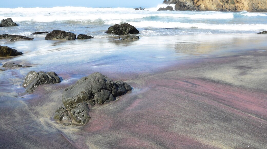 Also known as 'Purple Sand Beach', Pfeiffer Beach is 2 miles off of Hwy 1, in Pfeiffer Big Sur State Park area.
There is a long stretch of beach, dotted with small rocky islands in the surf, with natural caves.
It's very windy! Bring your jacket. Beautiful sunsets!