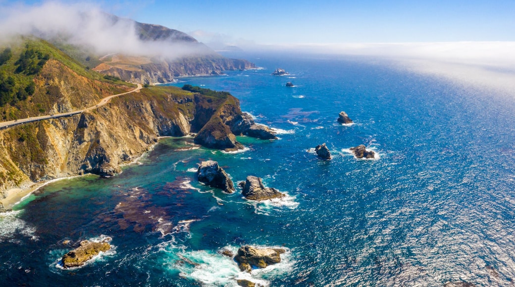 Magical aerial view of the route 101 by the Californian Pacific Coast on the way from Los Angeles to San Francisco near Big Sur Bixby Bridge.