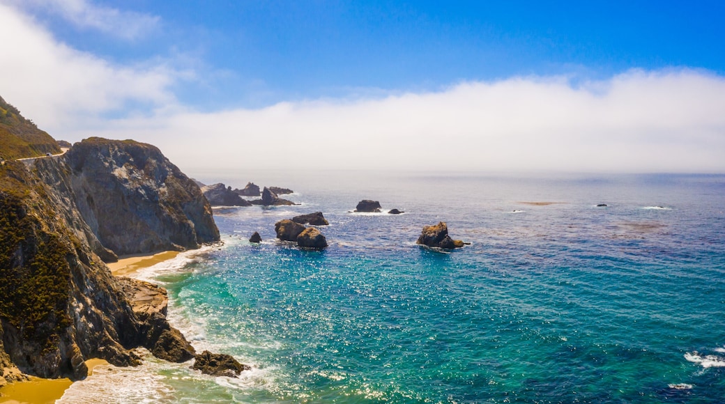 Arial view of the California Bixby bridge in Big Sur in the Monterey County along side State Route 1 US, the ocean road.