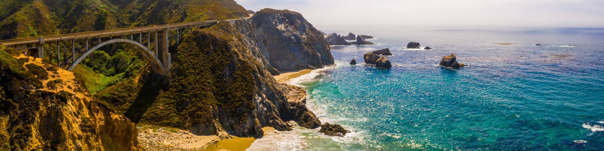Arial view of the California Bixby bridge in Big Sur in the Monterey County along side State Route 1 US, the ocean road.
