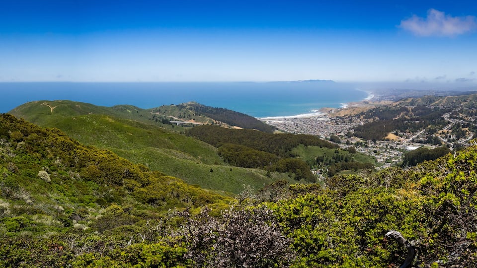 A coastal landscape with green hills, a beach, and a town in the distance.