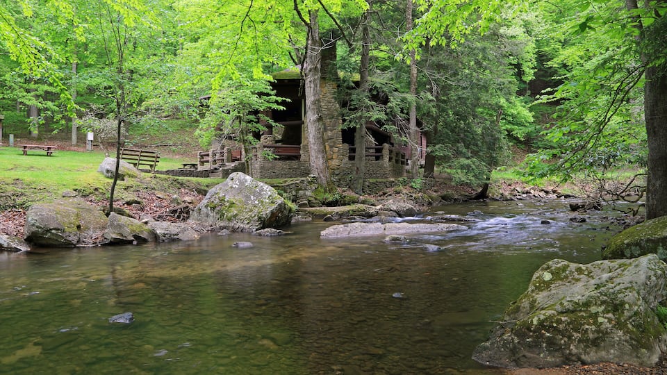 A clear stream with rocks, a wooden bench, and a stone structure surrounded by trees.