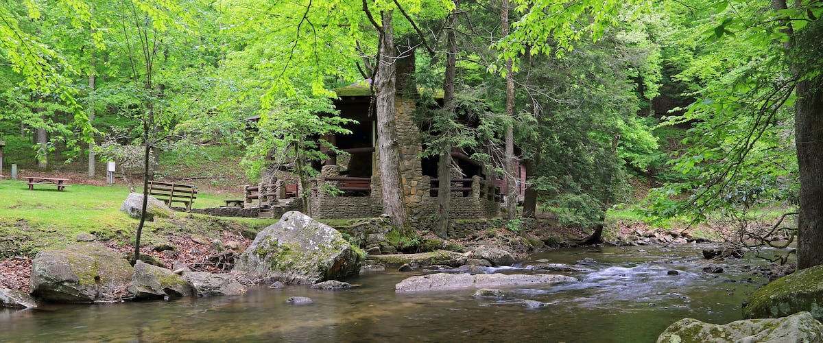 A clear stream with rocks, a wooden bench, and a stone structure surrounded by trees.